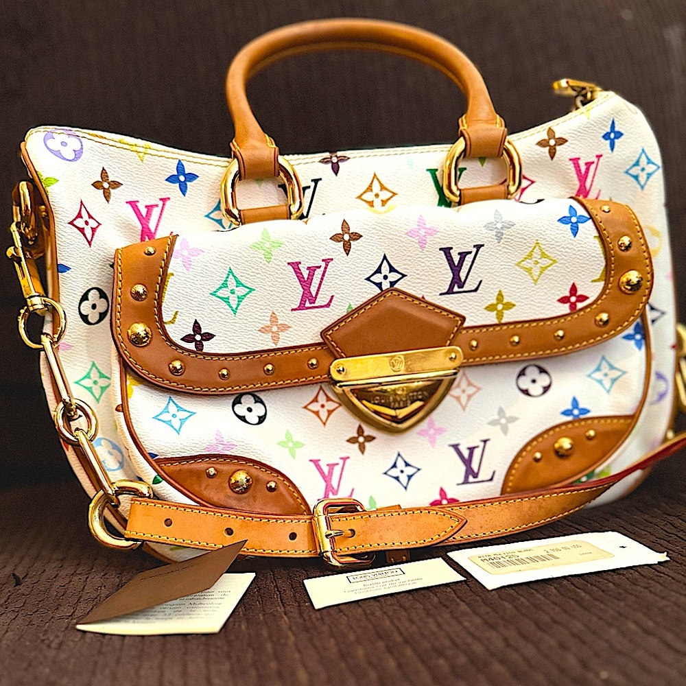 Authentic LVMonogram Multicolor Rita in 33 vibrant colors on white toile canvas.